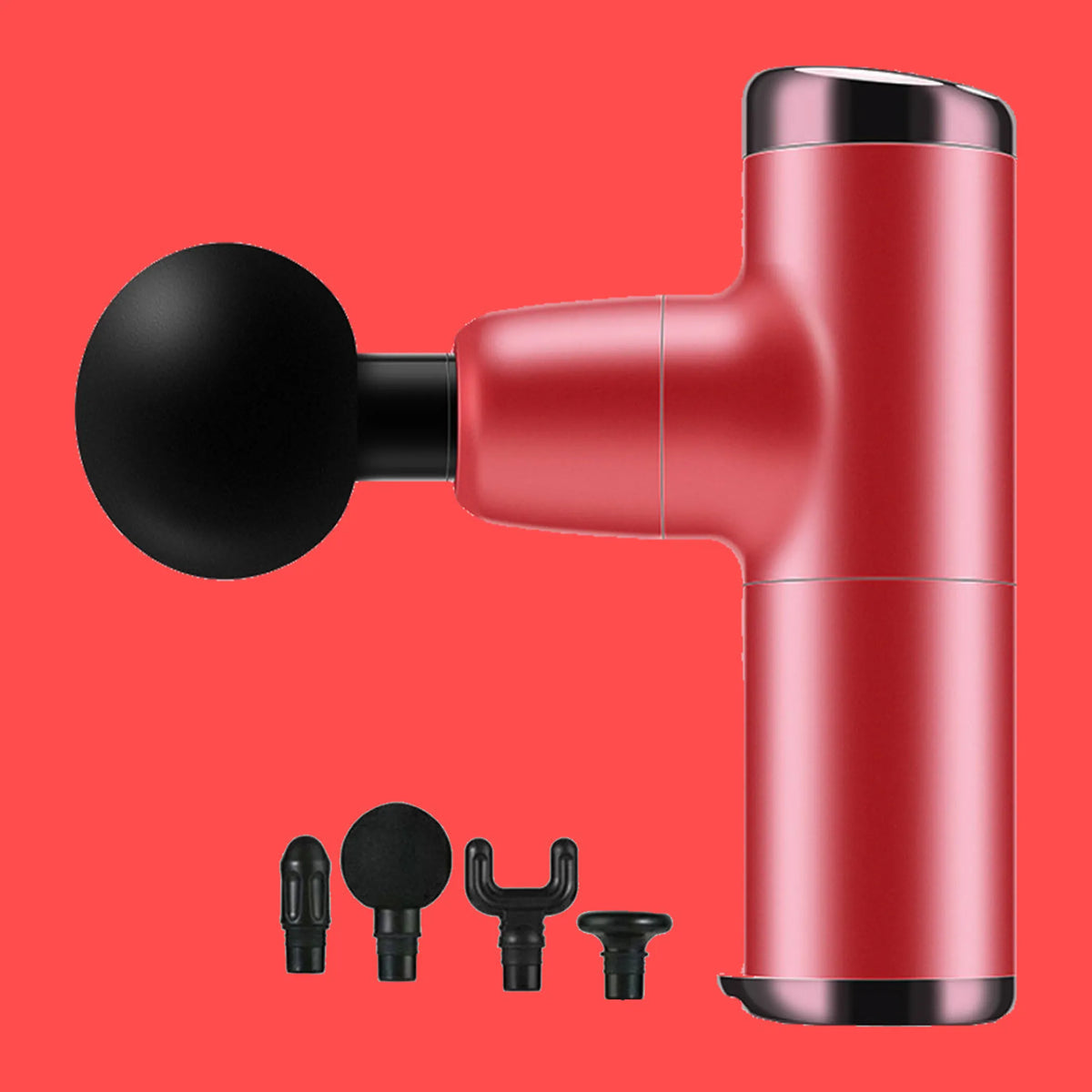 No More Sore mini massage gun in red with its four interchangeable massage heads