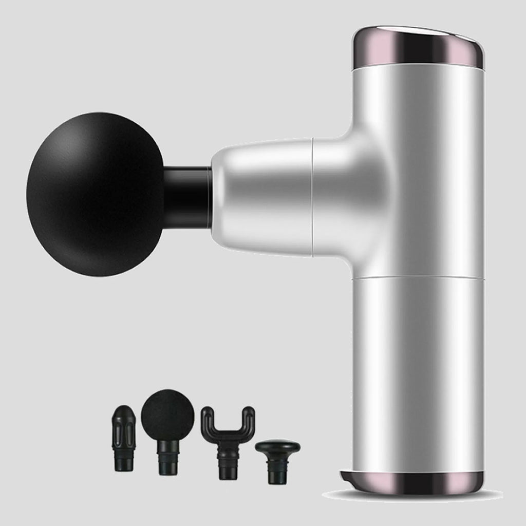 No More Sore mini massage gun in silver gray with its four interchangeable massage heads