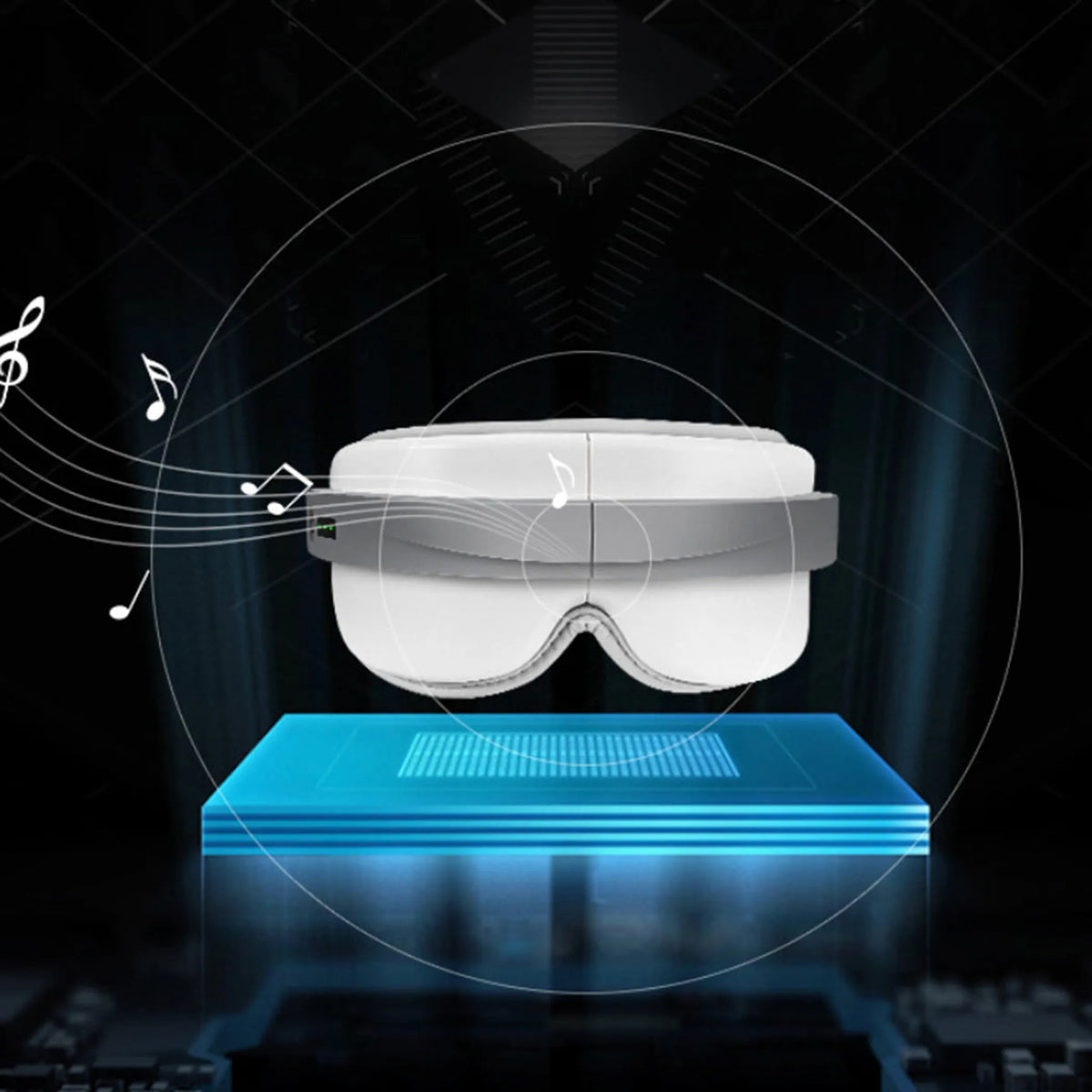 Illustration of the Eye Lux eye massager with music notes coming from its built-in speakers