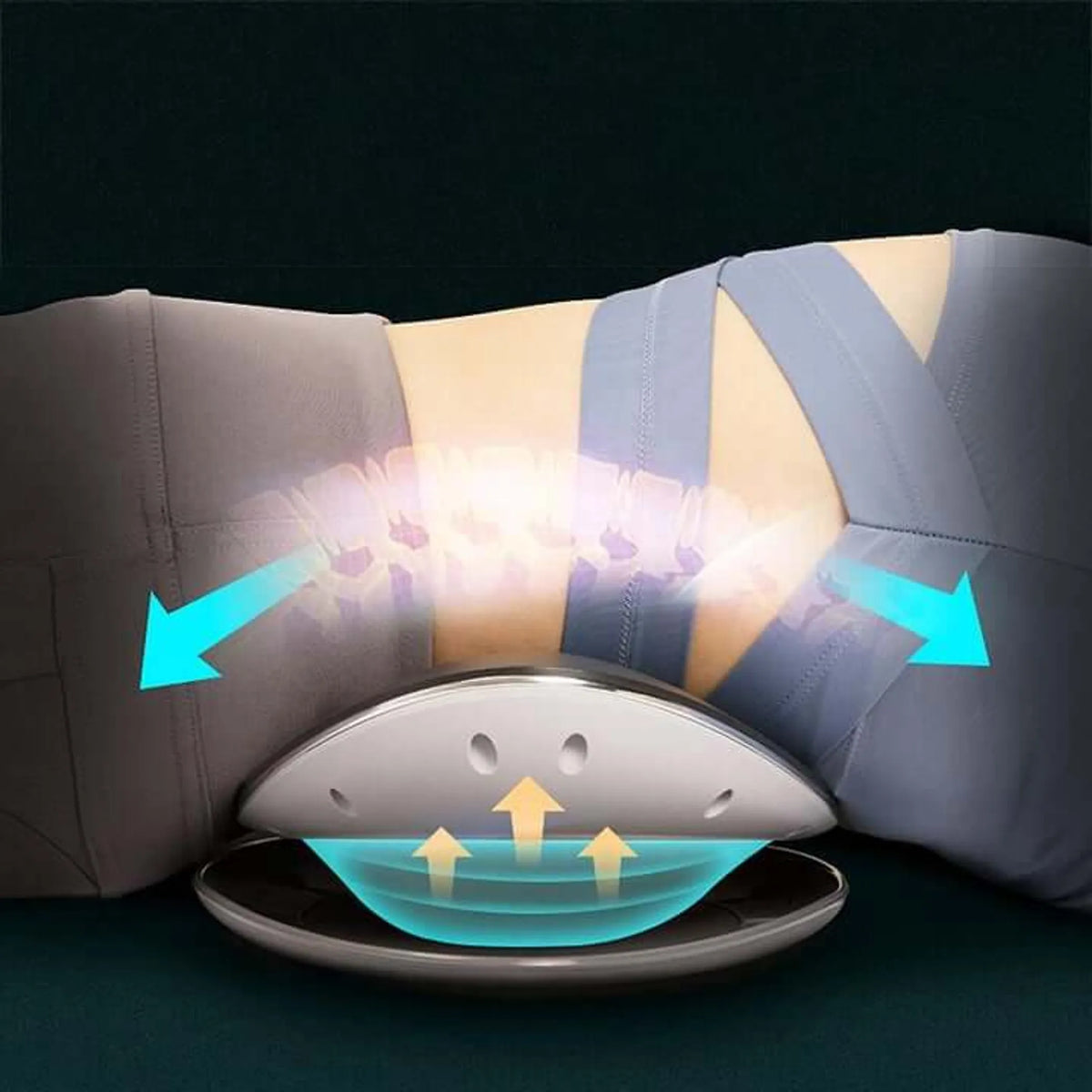 Illustration of a person lying on the Wilton back stretcher as the air cushion lifts and gently stretches the lower back