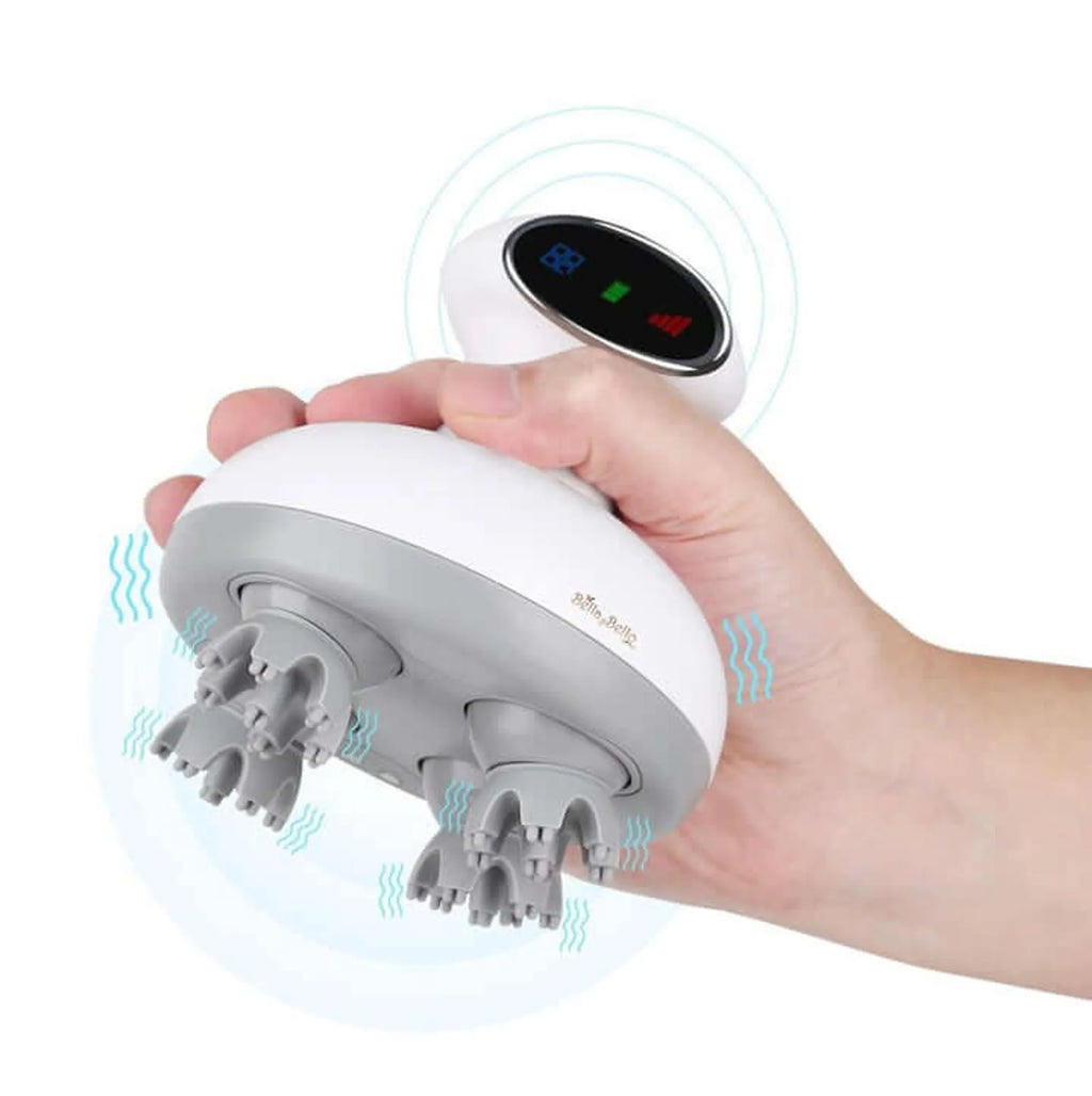 Hand holding the Armona massager upside down, showing its four gray silicone massage heads