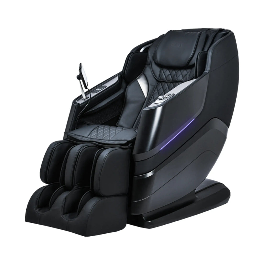 Titan TP-Epic 4D massage chair in black, side view with purple accent lighting and the tablet controller on the armrest