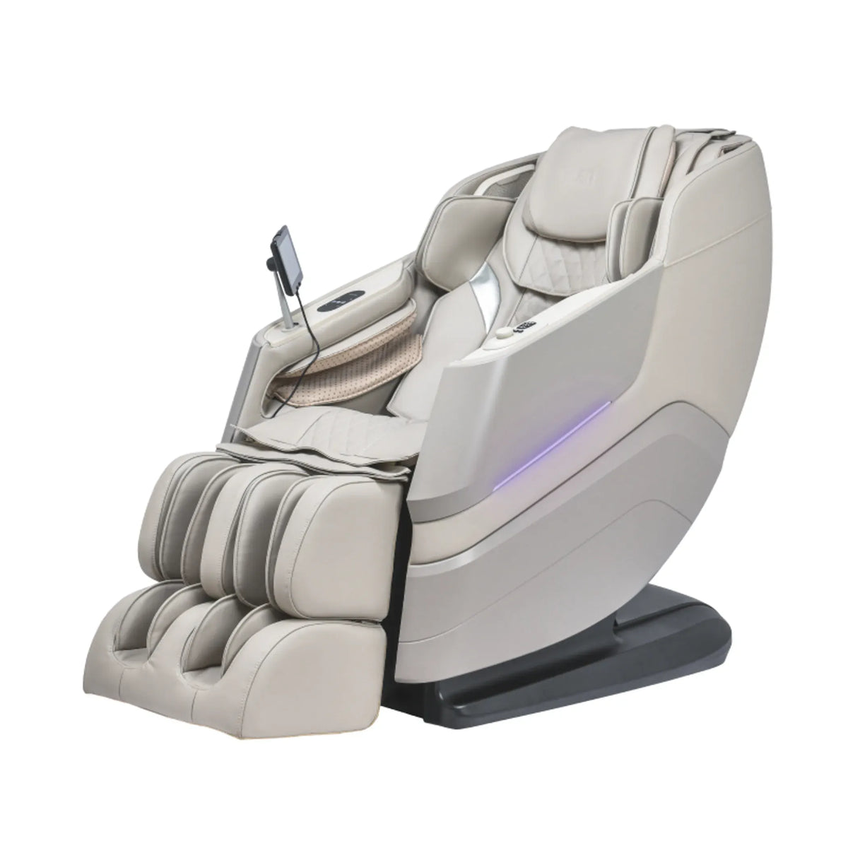 Titan TP-Epic 4D massage chair in taupe with purple accent lighting