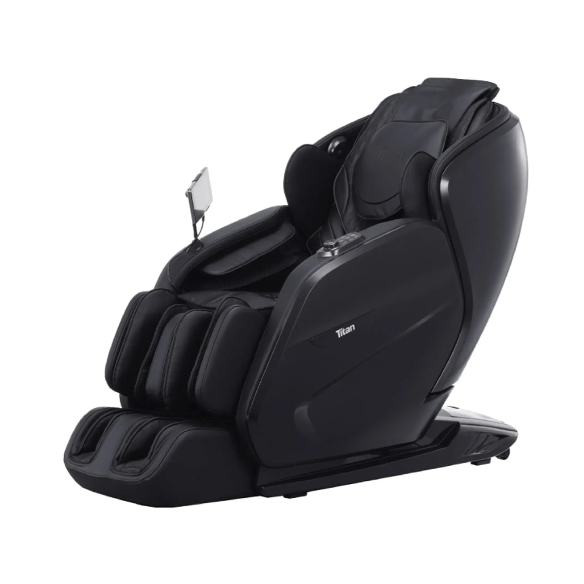 Titan Pro 3D Liberty massage chair in black, side view with the touchscreen controller on the armrest