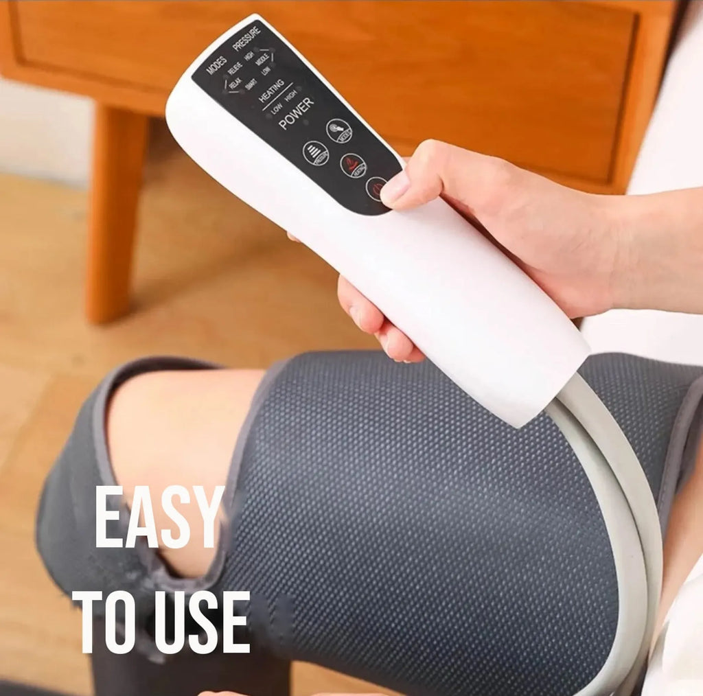 Hand holding the white handheld controller next to a leg in a gray boot, with the words easy to use
