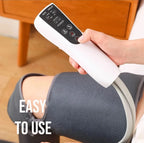 Hand holding the white handheld controller next to a leg in a gray boot, with the words easy to use