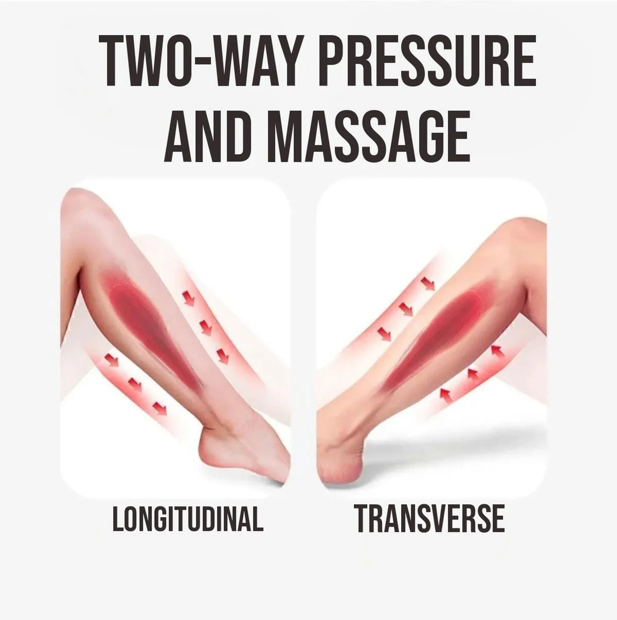 Drawing of two legs showing lengthwise and side to side pressure, titled two-way pressure and massage