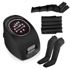 Air compression set with a black control unit, two leg wraps, an arm wrap and a waist wrap