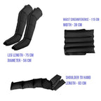 Wrap sizes: leg wraps 75 cm (29.5 in) long and 56 cm (22 in) around, waist wrap 115 cm (45 in) around and 39 cm (15 in) wide, arm wrap 83 cm (32.7 in) from shoulder to hand