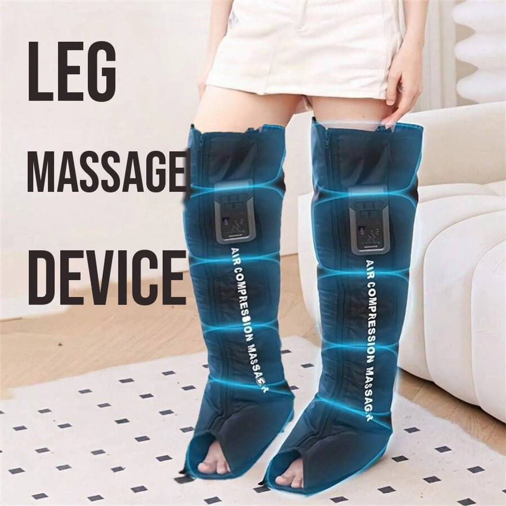 Person standing in a living room wearing both black wireless air compression leg wraps, with the words leg massage device