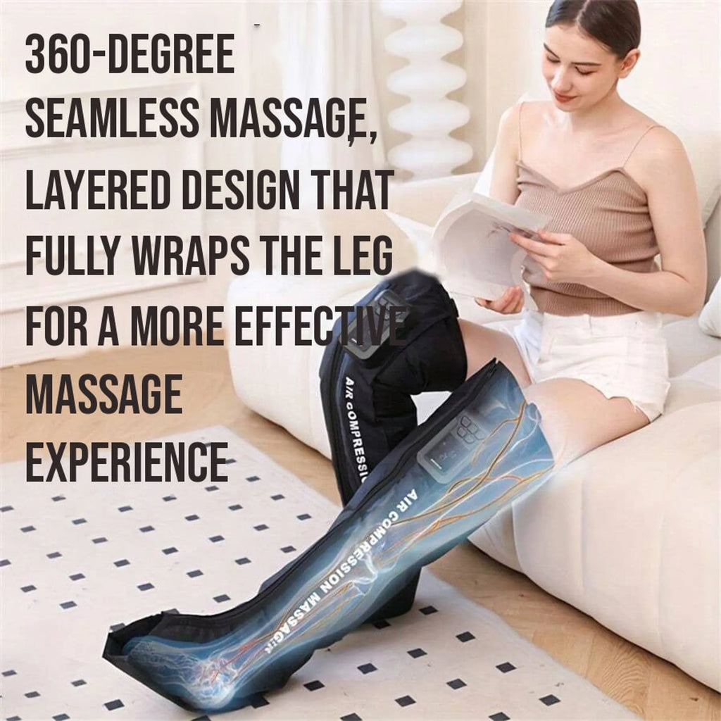 Woman reading on a sofa wearing the leg wraps, with text about a 360 degree wraparound massage