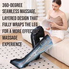 Woman reading on a sofa wearing the leg wraps, with text about a 360 degree wraparound massage