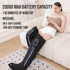 Woman using her phone on a sofa while wearing the leg wraps, with text about a 20000 mAh battery, 130 minutes of use per charge and 180 day standby