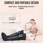 Woman relaxing on a sofa with the cordless leg wraps on, with a drawing of the control unit clipping onto the wrap