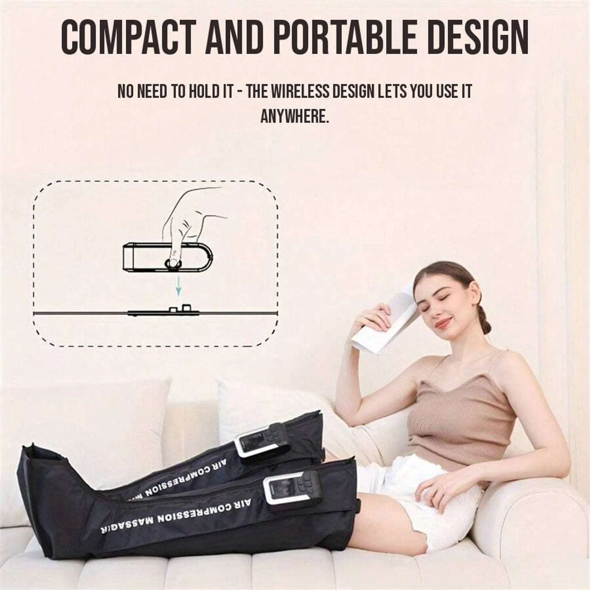 Woman relaxing on a sofa with the cordless leg wraps on, with a drawing of the control unit clipping onto the wrap