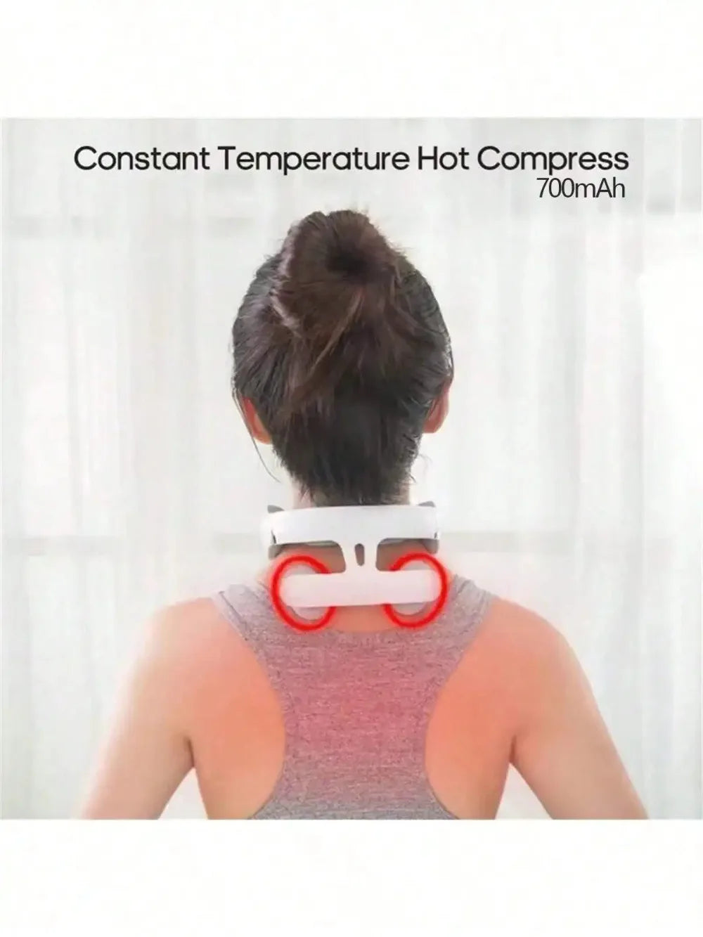 Back of a woman's neck wearing the white neck massager, with the two warm pads highlighted in red