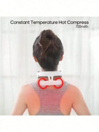 Back of a woman's neck wearing the white neck massager, with the two warm pads highlighted in red