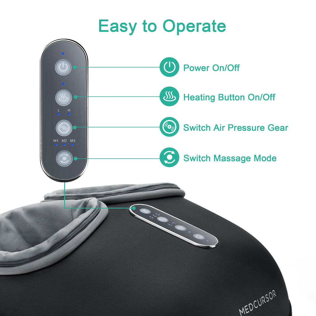 Close-up of the four control buttons: power, heat on and off, air pressure level and massage mode