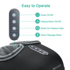 Close-up of the four control buttons: power, heat on and off, air pressure level and massage mode