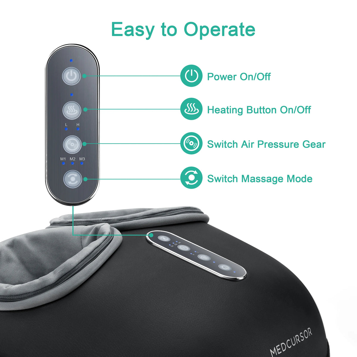 Close-up of the four control buttons: power, heat on and off, air pressure level and massage mode