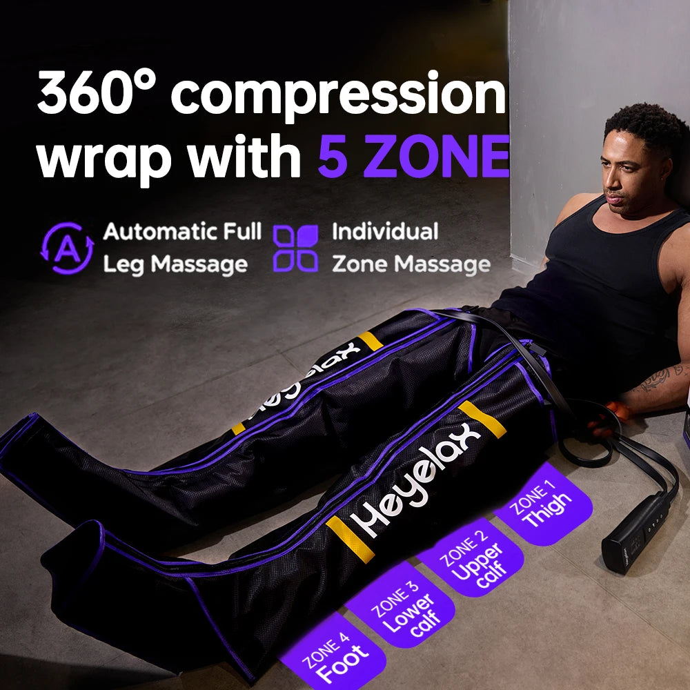 Man relaxing with the leg sleeves on, with zones labeled foot, lower calf, upper calf and thigh