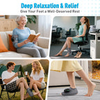 Photo collage of people wearing the ankle massager while reading, working at a desk, sitting outdoors and walking