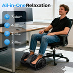 Man at his desk with his feet in the massager, listing 3 speeds, 4 modes, 2 heat settings and 2 directions of rotation