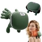 Green neck massager shown with its fingers spread, and a woman smiling as she wears it on her shoulder