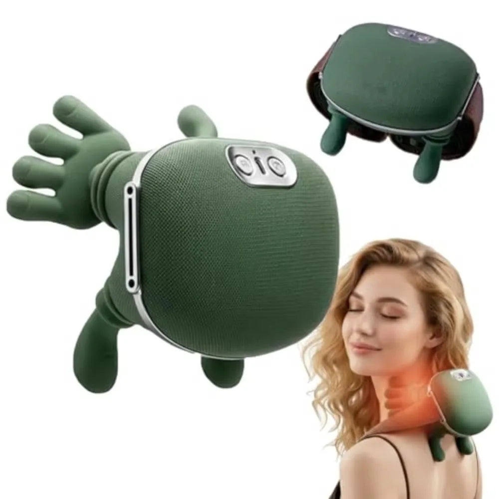 Green neck massager shown with its fingers spread, and a woman smiling as she wears it on her shoulder