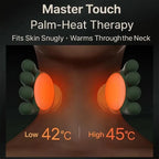 Back of a neck with the massager fingers glowing orange, showing the two heat levels of 42 and 45 degrees C