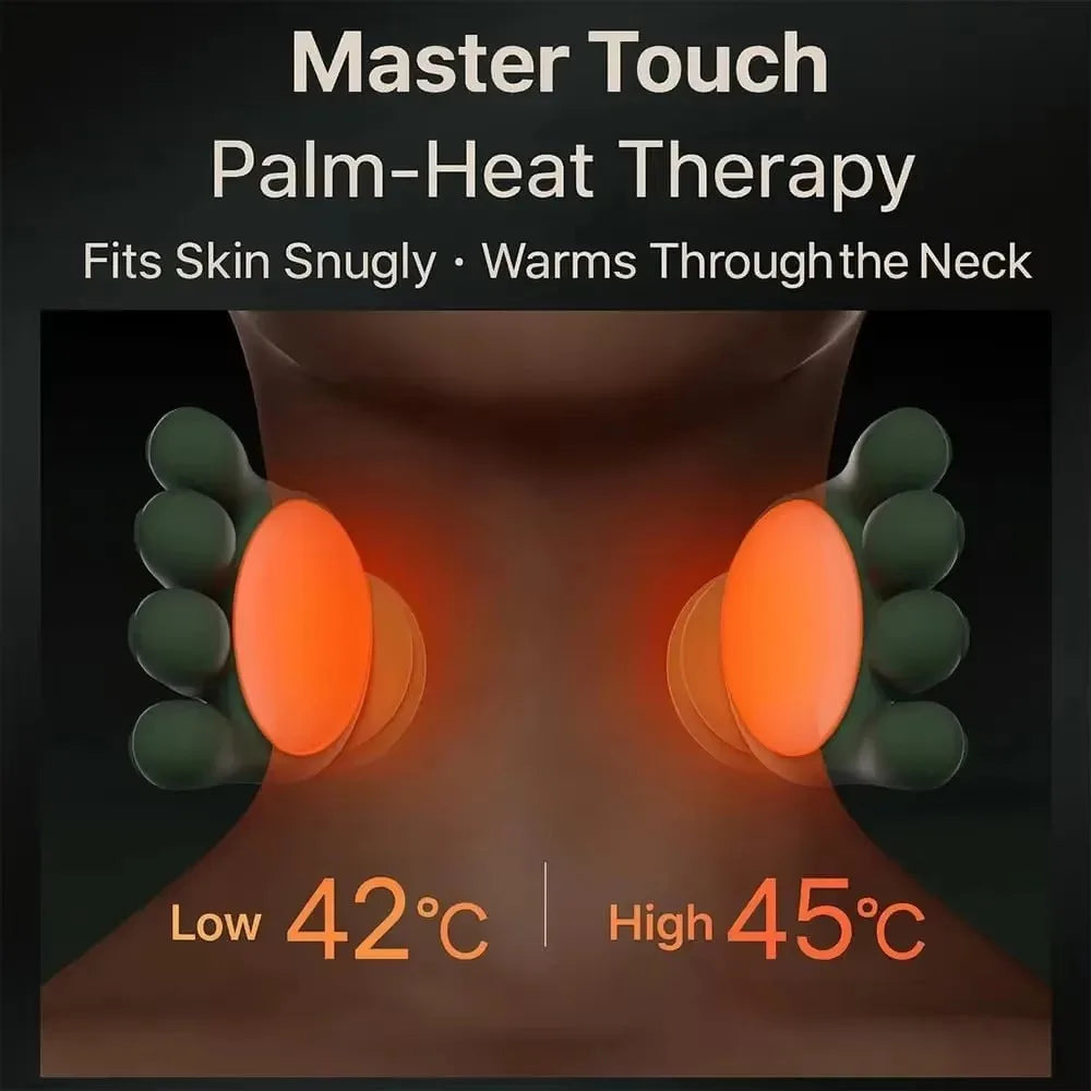 Back of a neck with the massager fingers glowing orange, showing the two heat levels of 42 and 45 degrees C