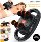 6-head dual handle percussion massager with digital display, shown being used on a woman's back