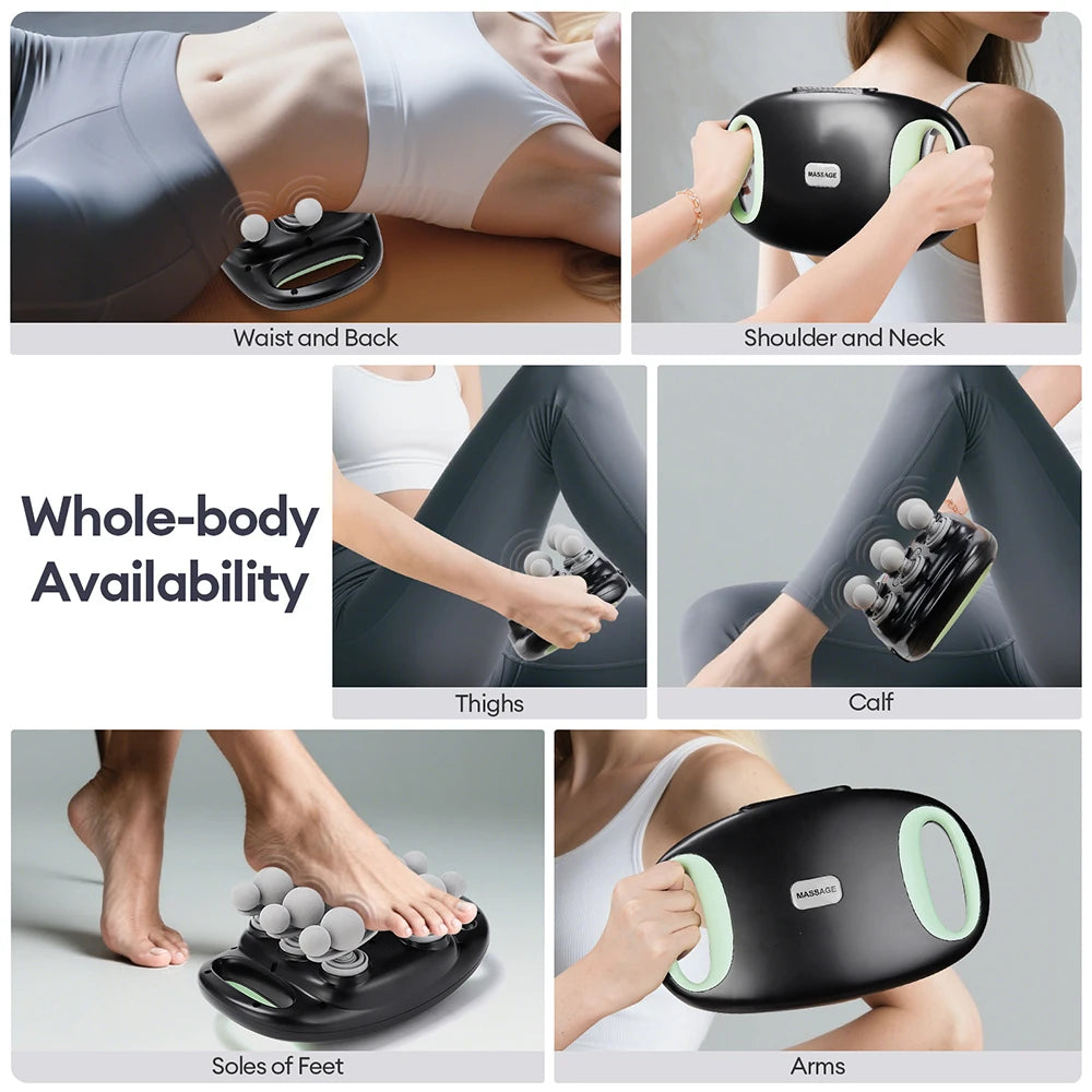 Photo grid of the fascia gun used on the waist and back, shoulder and neck, thighs, calf, soles of the feet and arms