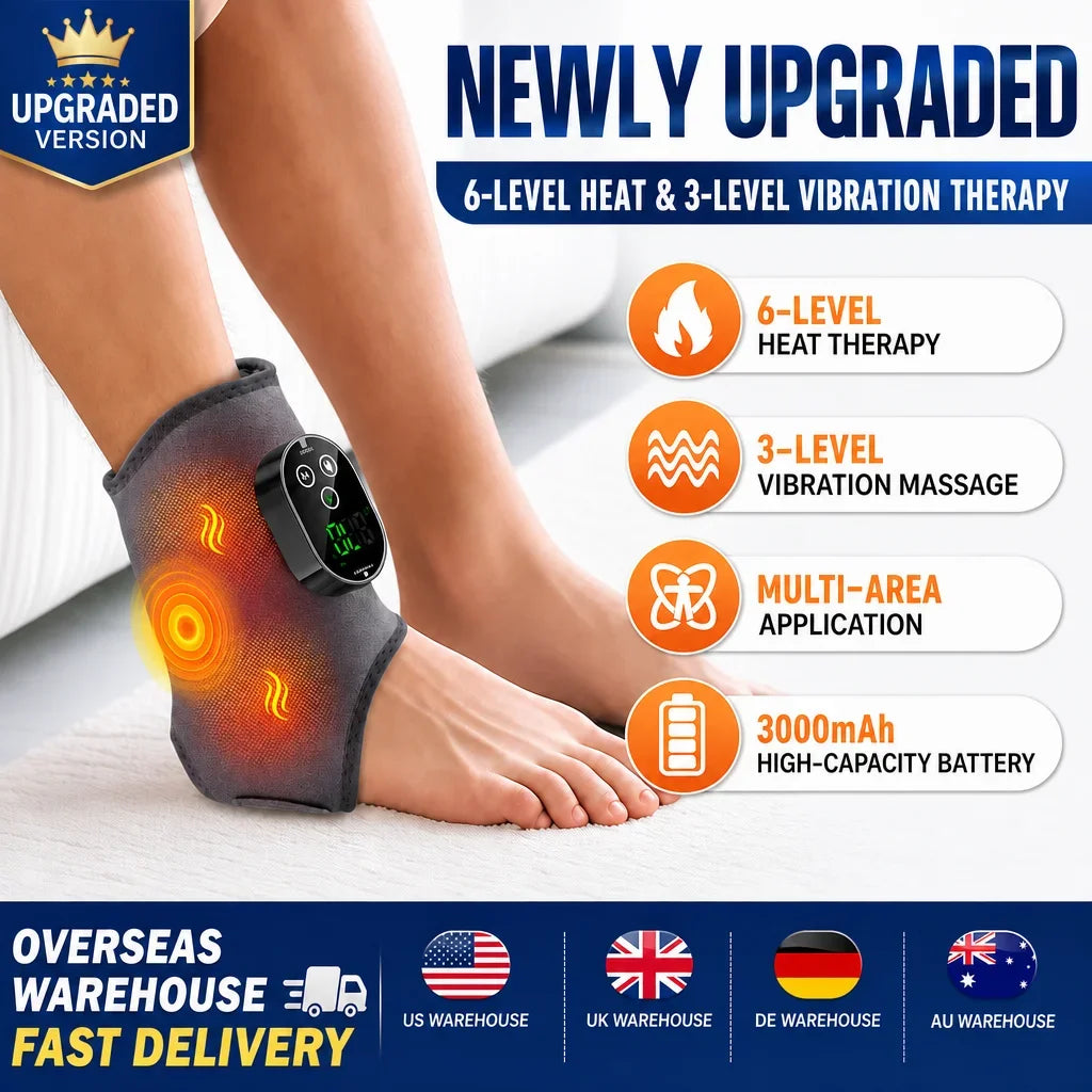 Gray heated ankle massager wrapped around a person's ankle with a glowing heat zone, listing 6 heat levels, 3 vibration levels, multi-area use and a 3000 mAh battery