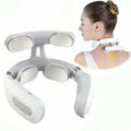 White 4-head neck massager on a white background, with a small photo of a woman wearing it