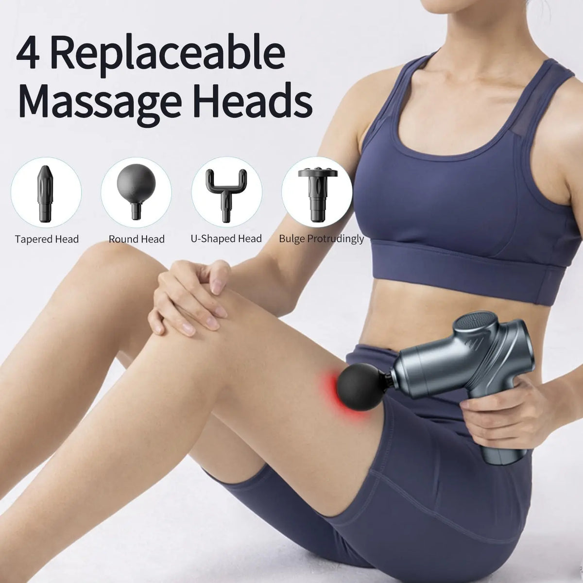 Woman using the mini massage gun on her thigh, with the four interchangeable heads shown: tapered, round, U-shaped and flat