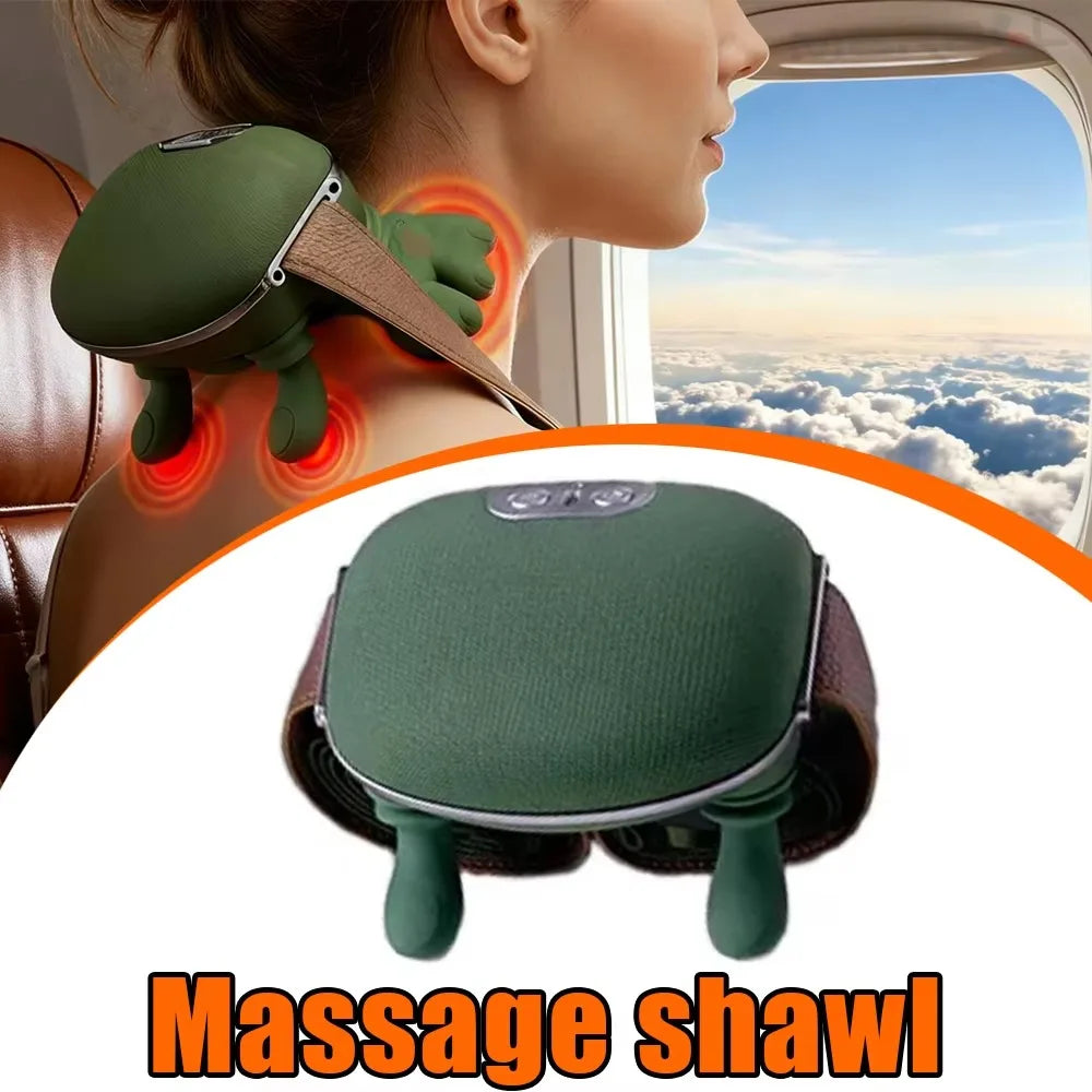 Woman on an airplane wearing the green heated neck massager over her shoulder, with a close-up of its silicone fingers