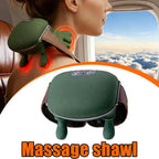 Woman on an airplane wearing the green heated neck massager over her shoulder, with a close-up of its silicone fingers