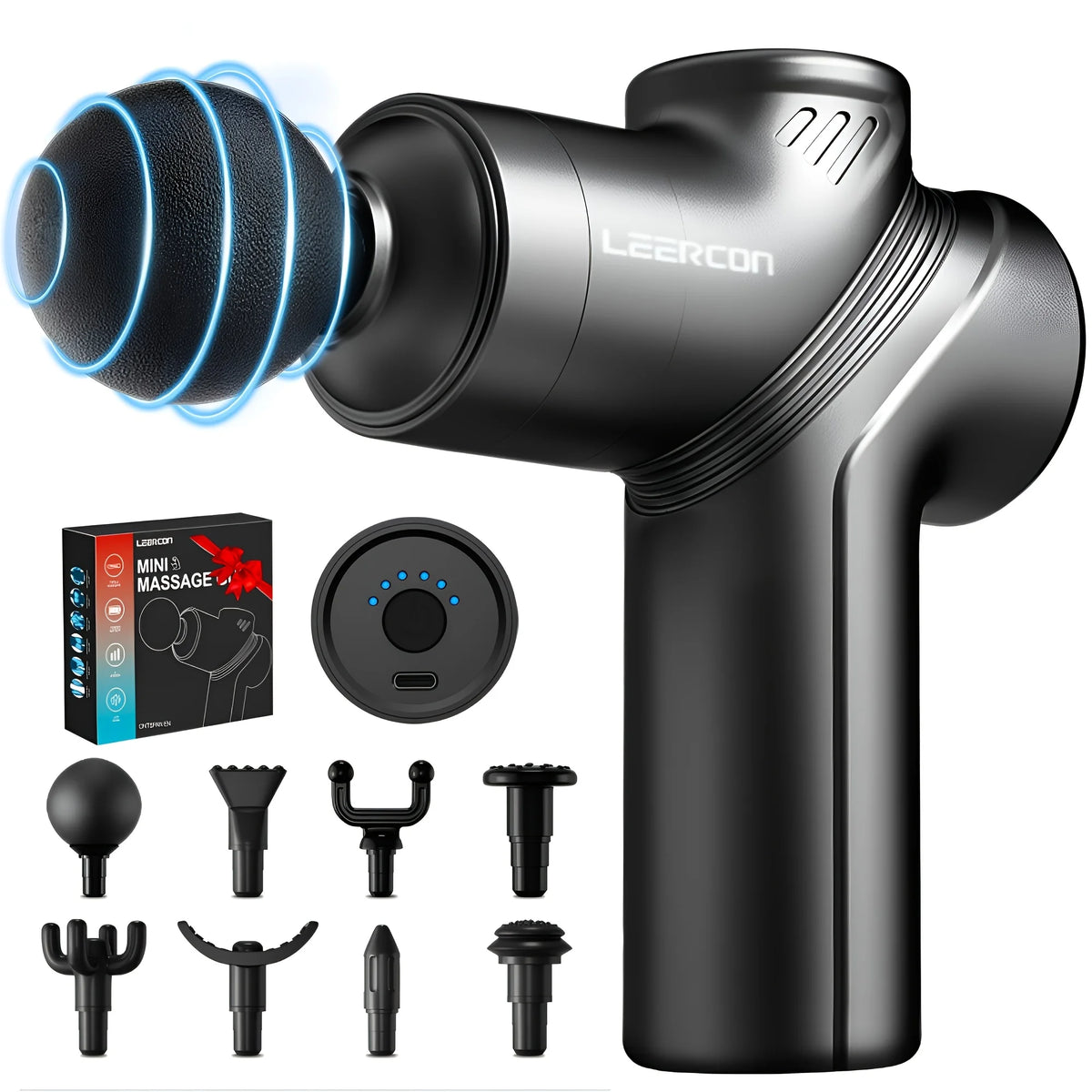 Black LEERCON Mini Massage Gun 8-head set, with its gift box, carry case and eight interchangeable heads