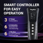 Heyelax handheld controller with a screen and buttons, listing 3 timers of 15, 20 and 25 minutes, 6 intensity levels and 6 modes