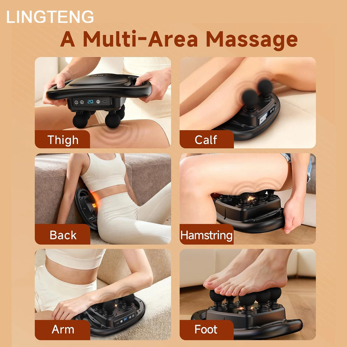 6-head dual handle percussion massager, size and features