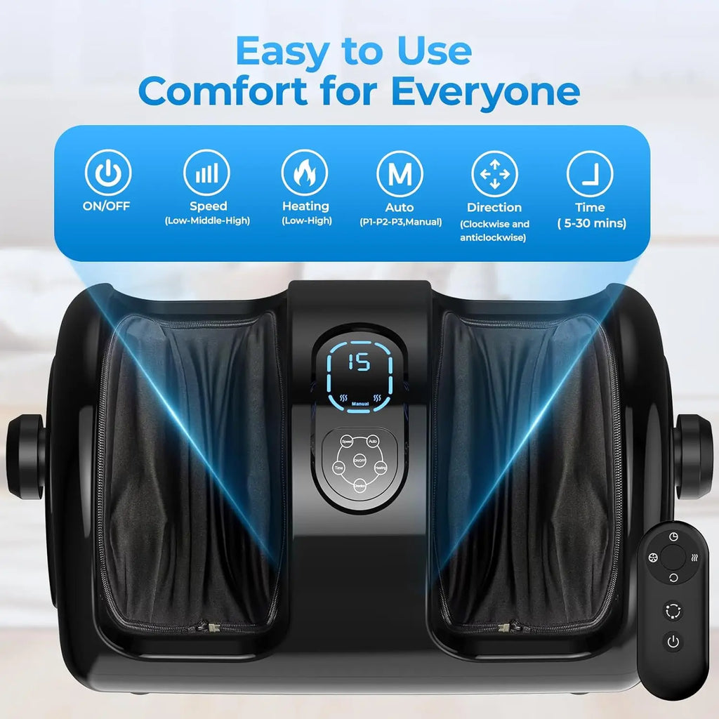 Front view of the foot massager with its digital display and remote, with buttons for power, speed, heat, auto mode, direction and timer from 5 to 30 minutes
