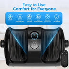 Front view of the foot massager with its digital display and remote, with buttons for power, speed, heat, auto mode, direction and timer from 5 to 30 minutes