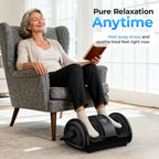 Smiling older woman reading in an armchair with her feet in the massager, captioned pure relaxation anytime