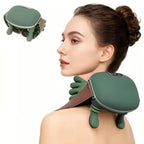 Woman wearing the green neck massager over one shoulder with the strap across her chest