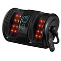 Black shiatsu foot and calf massager with glowing red heat panels on both sides and a small remote control