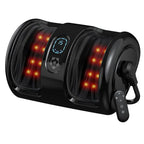 Black shiatsu foot and calf massager with glowing red heat panels on both sides and a small remote control