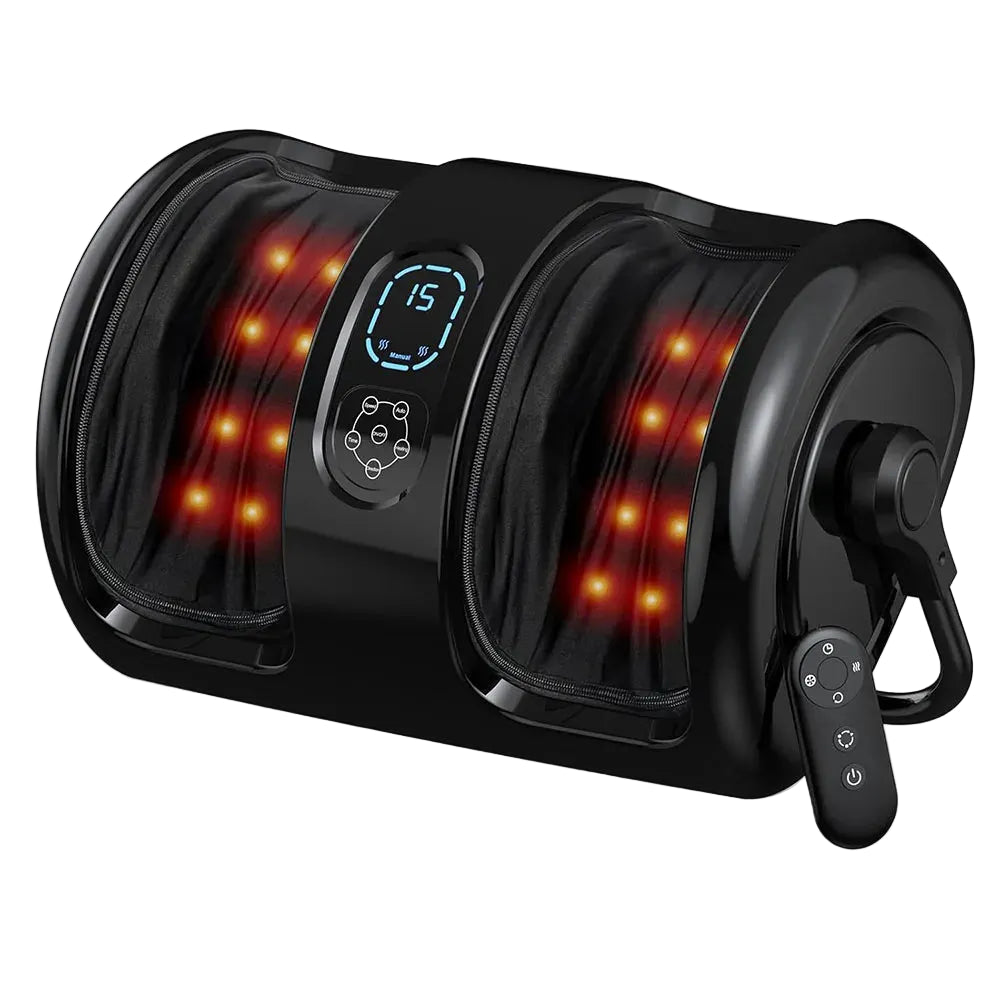 Black shiatsu foot and calf massager with glowing red heat panels on both sides and a small remote control