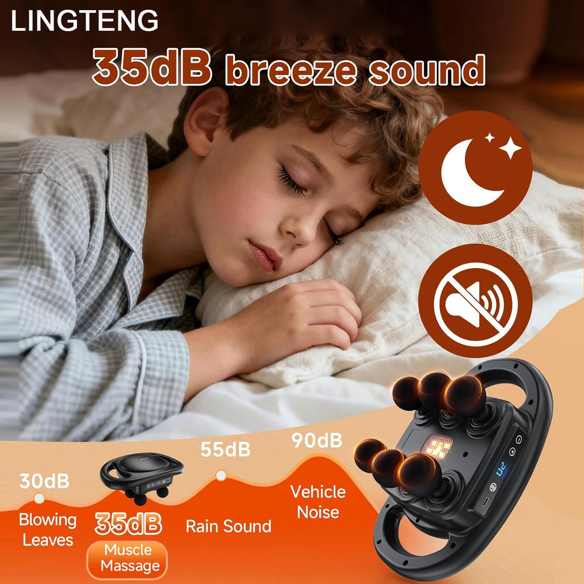 6-head dual handle percussion massager running quietly while a child sleeps nearby