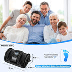 Family of three generations smiling together, with a size diagram of the massager, about 21 by 14.6 by 9.3 inches, fitting feet up to 14 inches long